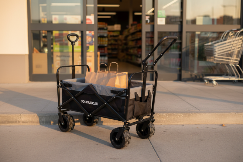 Doldurcar taşıma arabası, market girişinde, alışveriş poşetleriyle, yakın plan