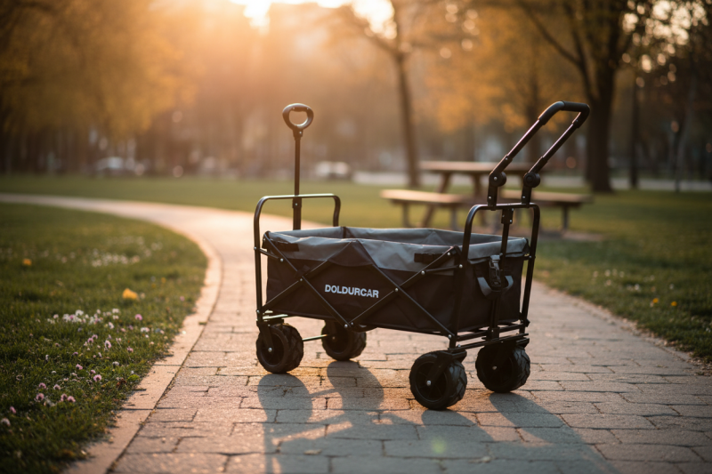 Doldurcar taşıma sepeti, parkta taş yolda, altın saat ışığında, yakın plan