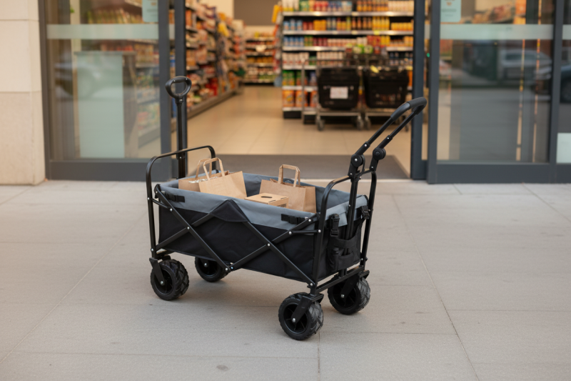 Doldurcar taşıma aracı, market girişinde, alışveriş poşetleriyle, yakın plan